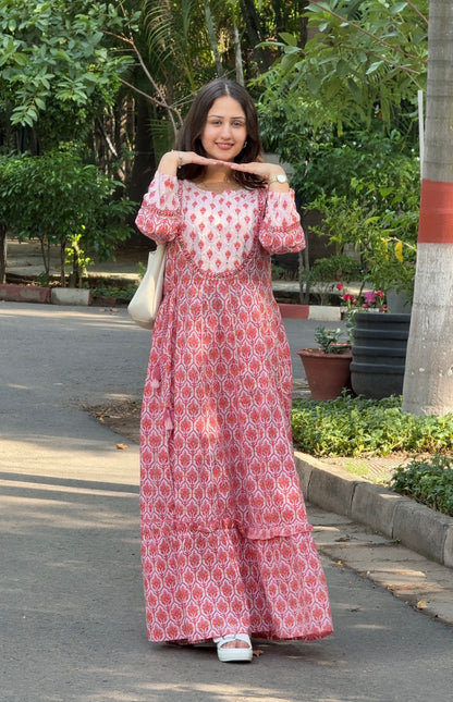 Peach Cotton Printed Gota Pati Anarkali dress