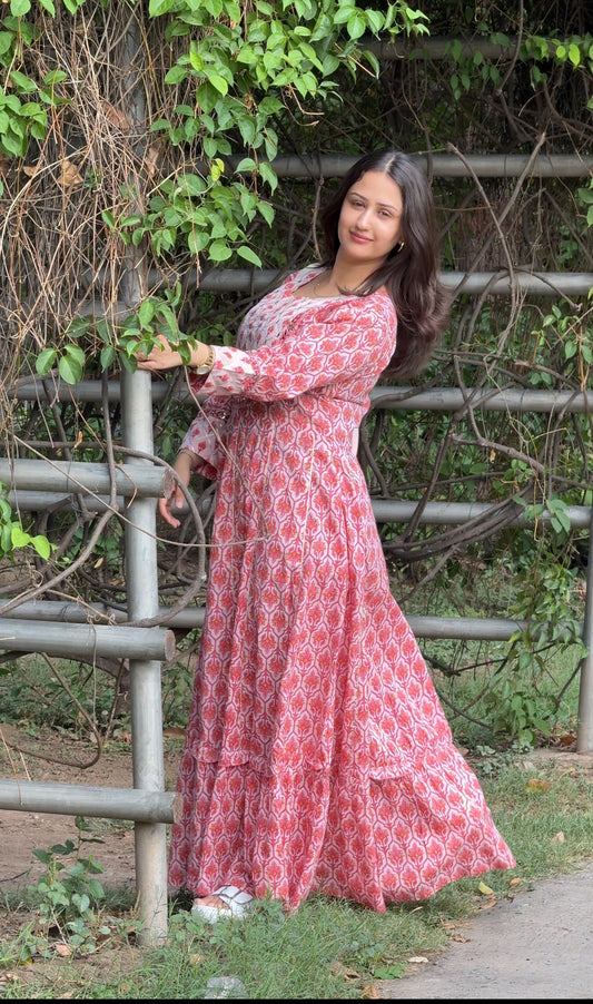 Peach Cotton Printed Gota Pati Anarkali dress