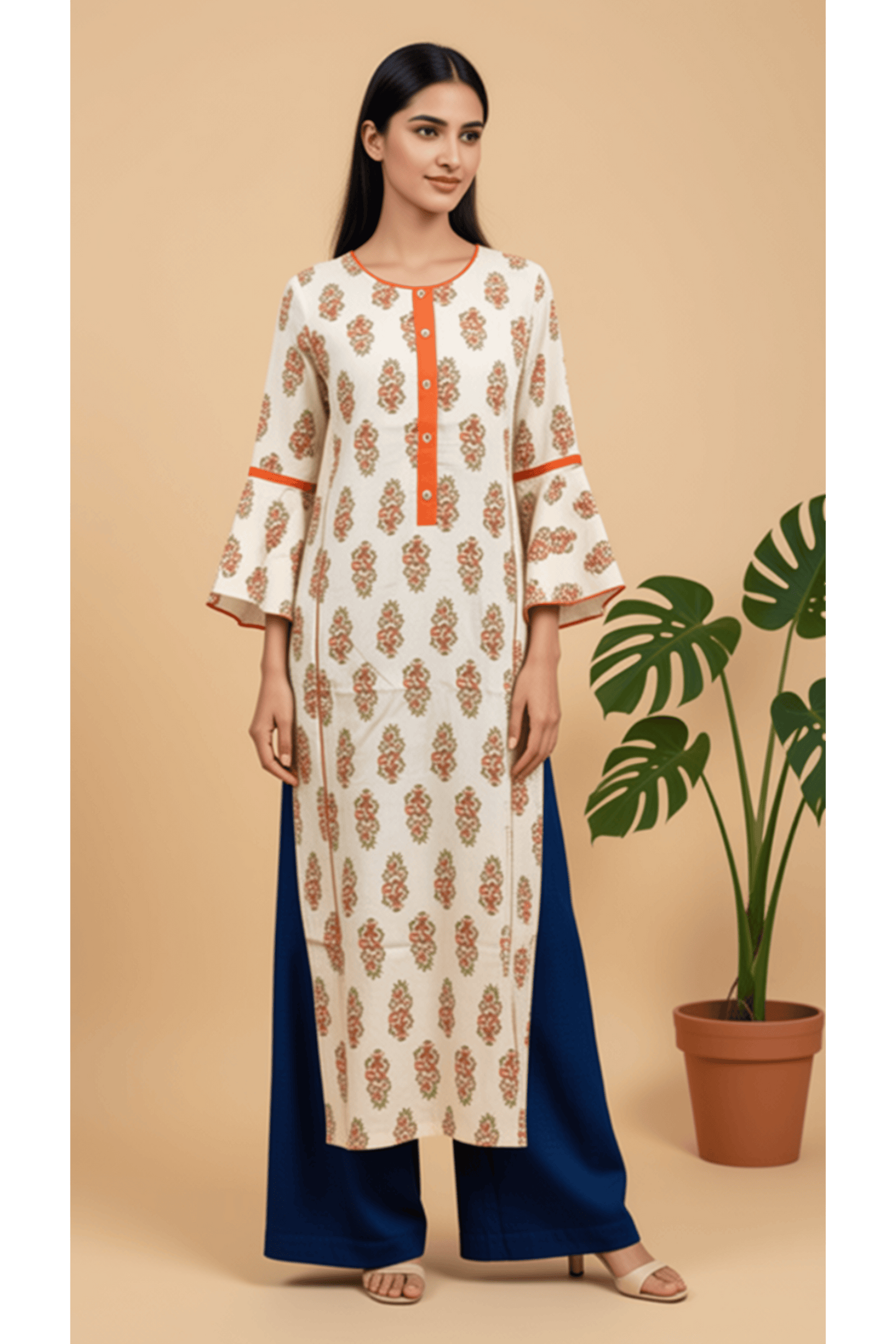 Cream Orange Printed Pure Cotton Office Wear Straight Kurti Set