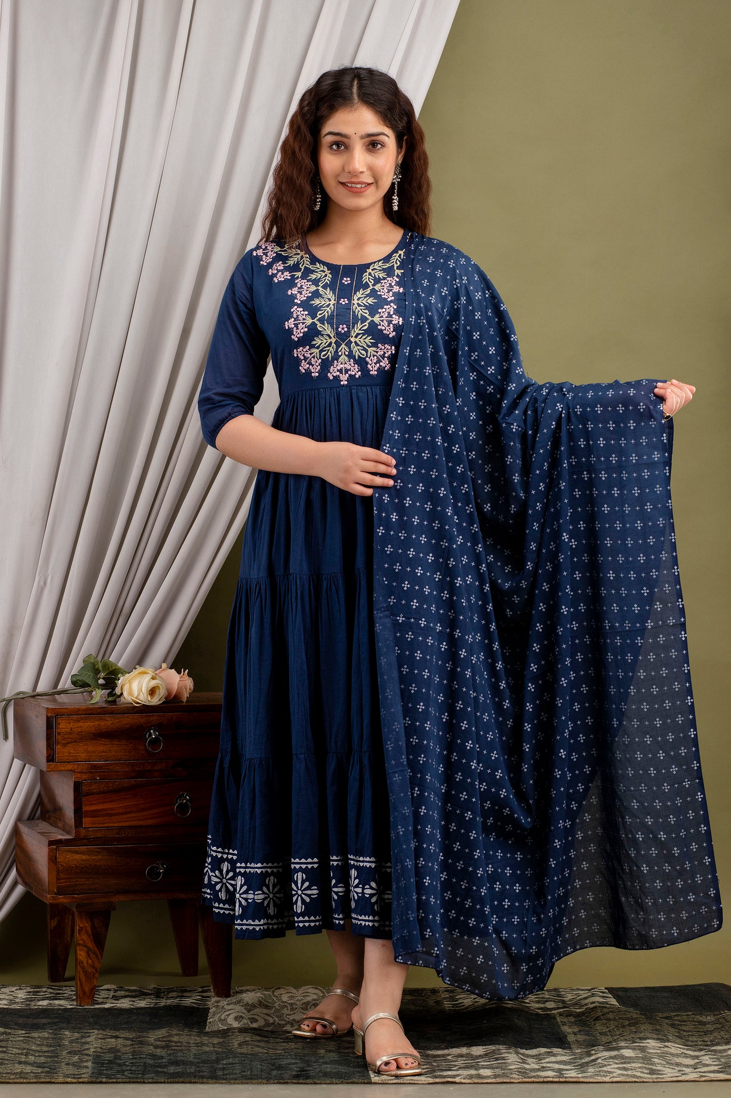 Denim Blue Embroidered Suit (Set of 2) Anarkali Dress