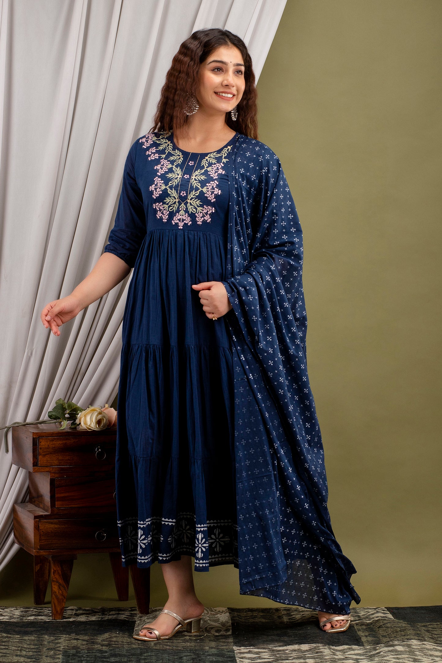 Denim Blue Embroidered Suit (Set of 2) Anarkali Dress