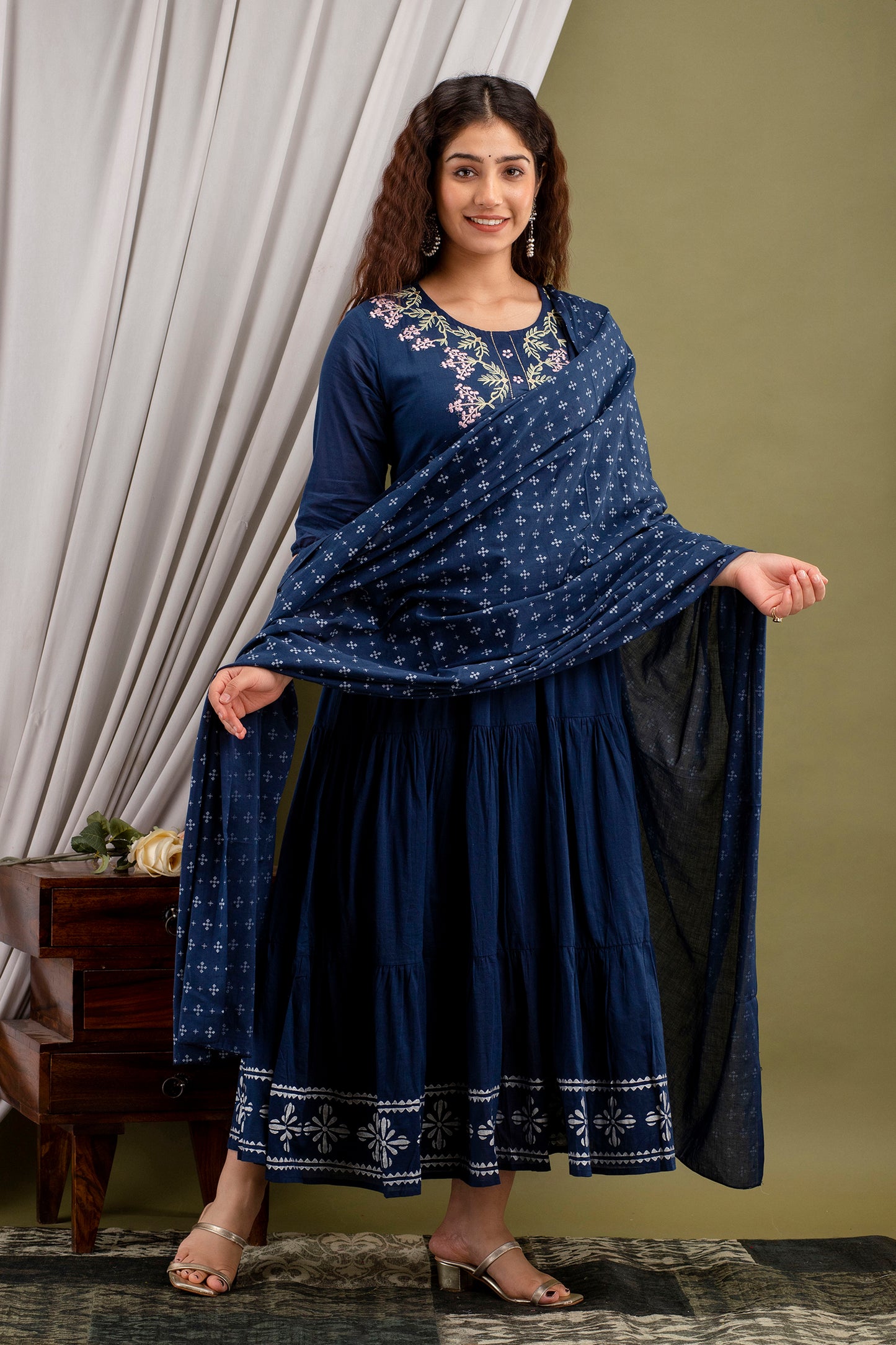 Denim Blue Embroidered Suit (Set of 2) Anarkali Dress