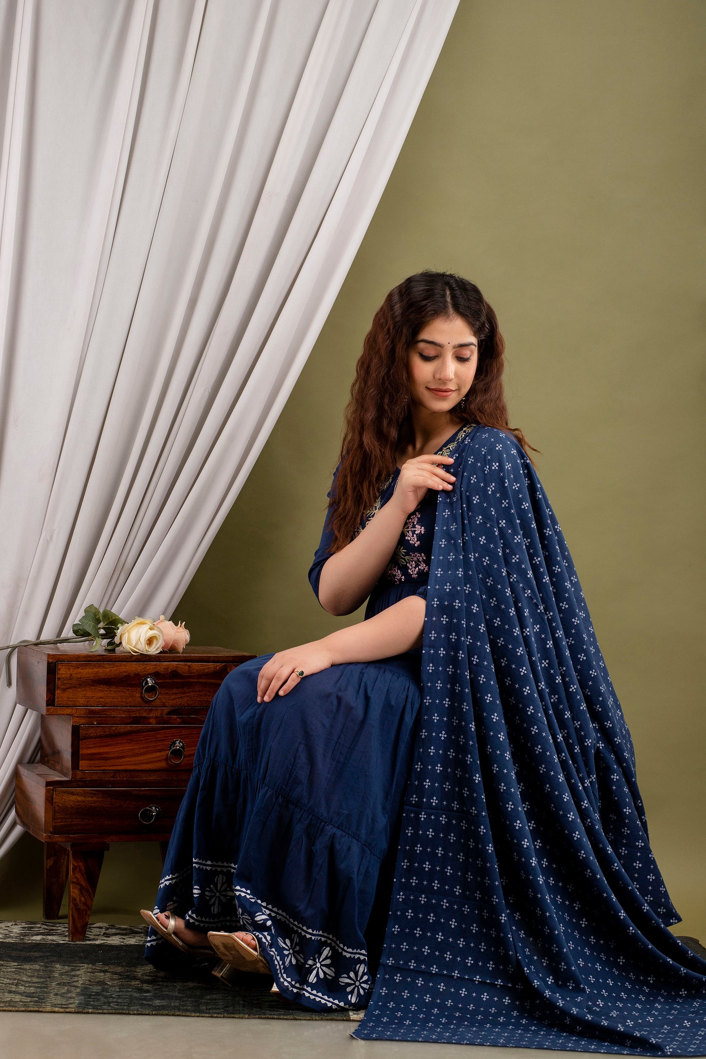 Denim Blue Embroidered Suit (Set of 2) Anarkali Dress