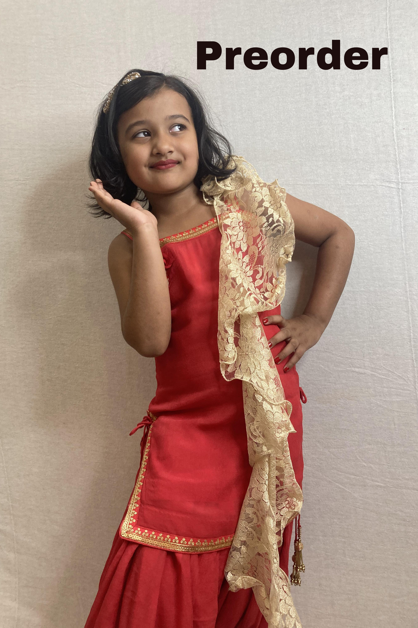Red Viscose Organza Ethnic Set for Girls