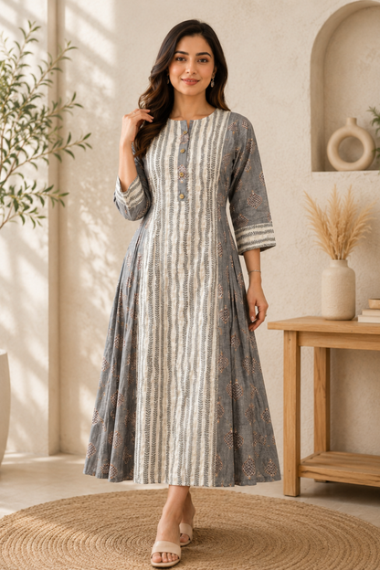 Grey Side Pleated Anarkali Dress