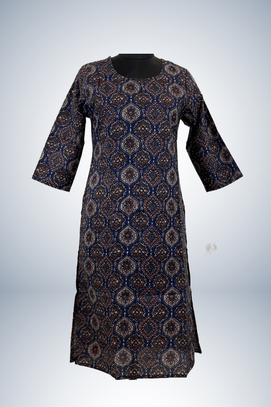 Navy Blue Printed Pure cotton office wear Straight Kurti Set