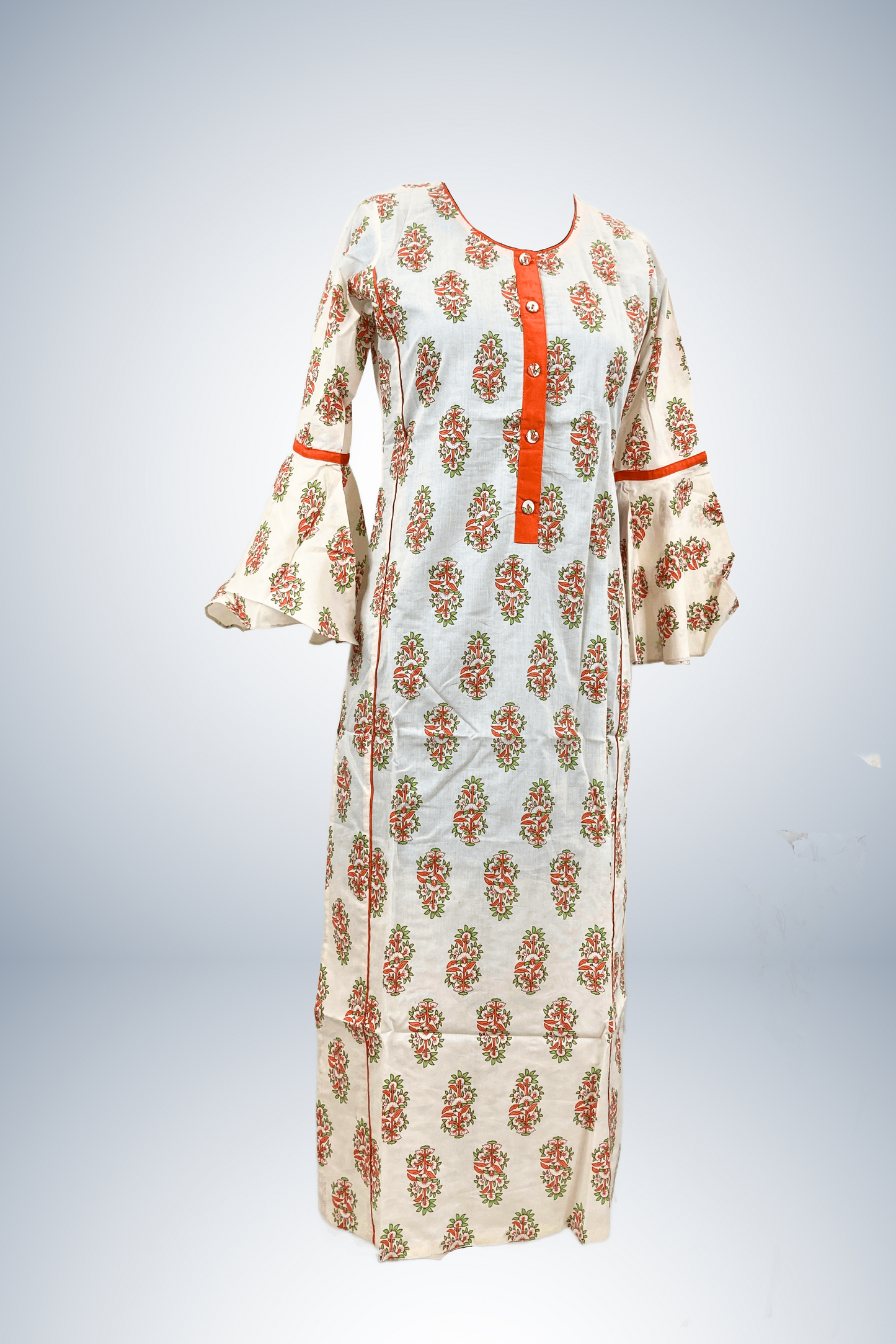 Cream Orange Printed Pure Cotton Office Wear Straight Kurti Set