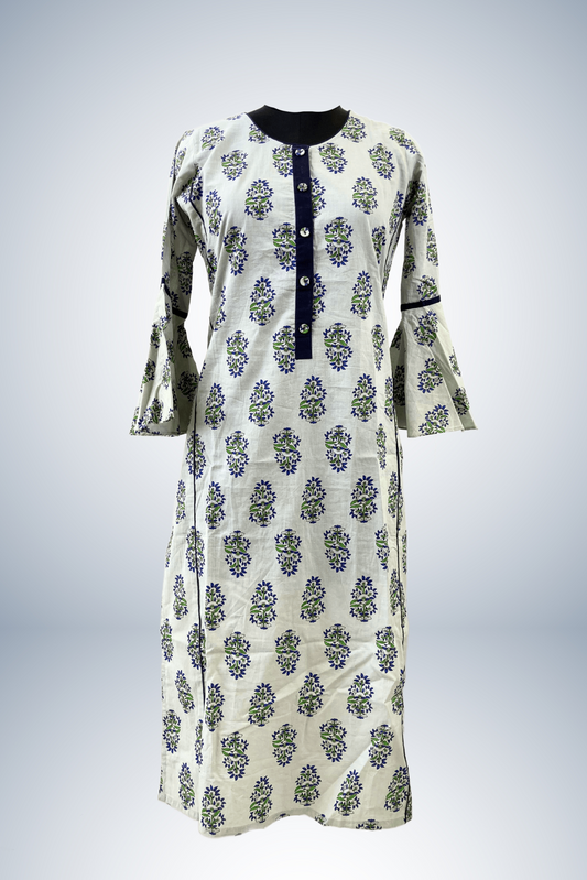 Green Piping printed pure cotton office wear straight Kurti Set