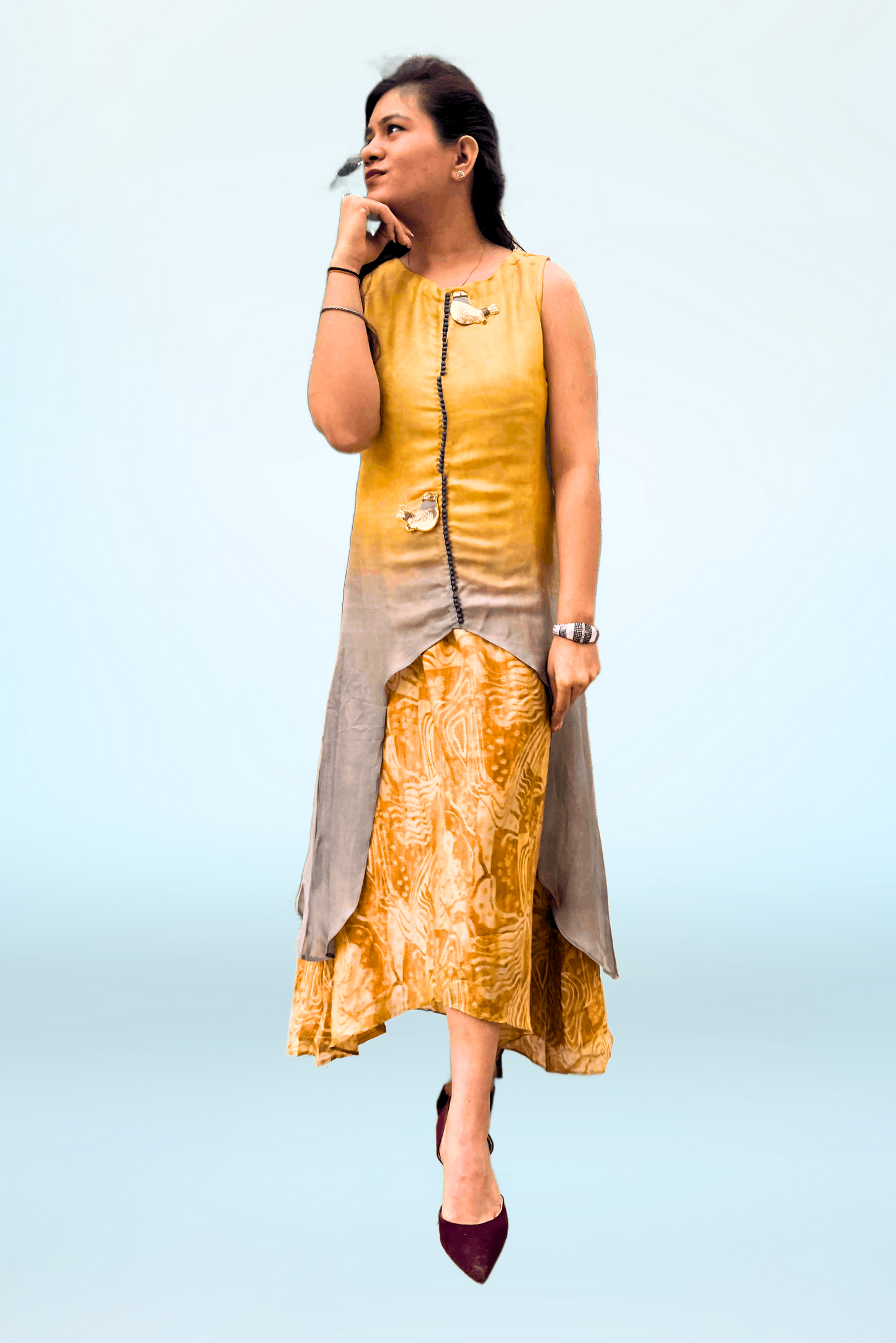 Yellow Kurti with Up & Down Style Kurti Set