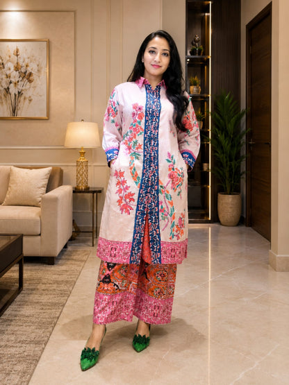 Cream Pink Printed Cotton Shrug Style suit set