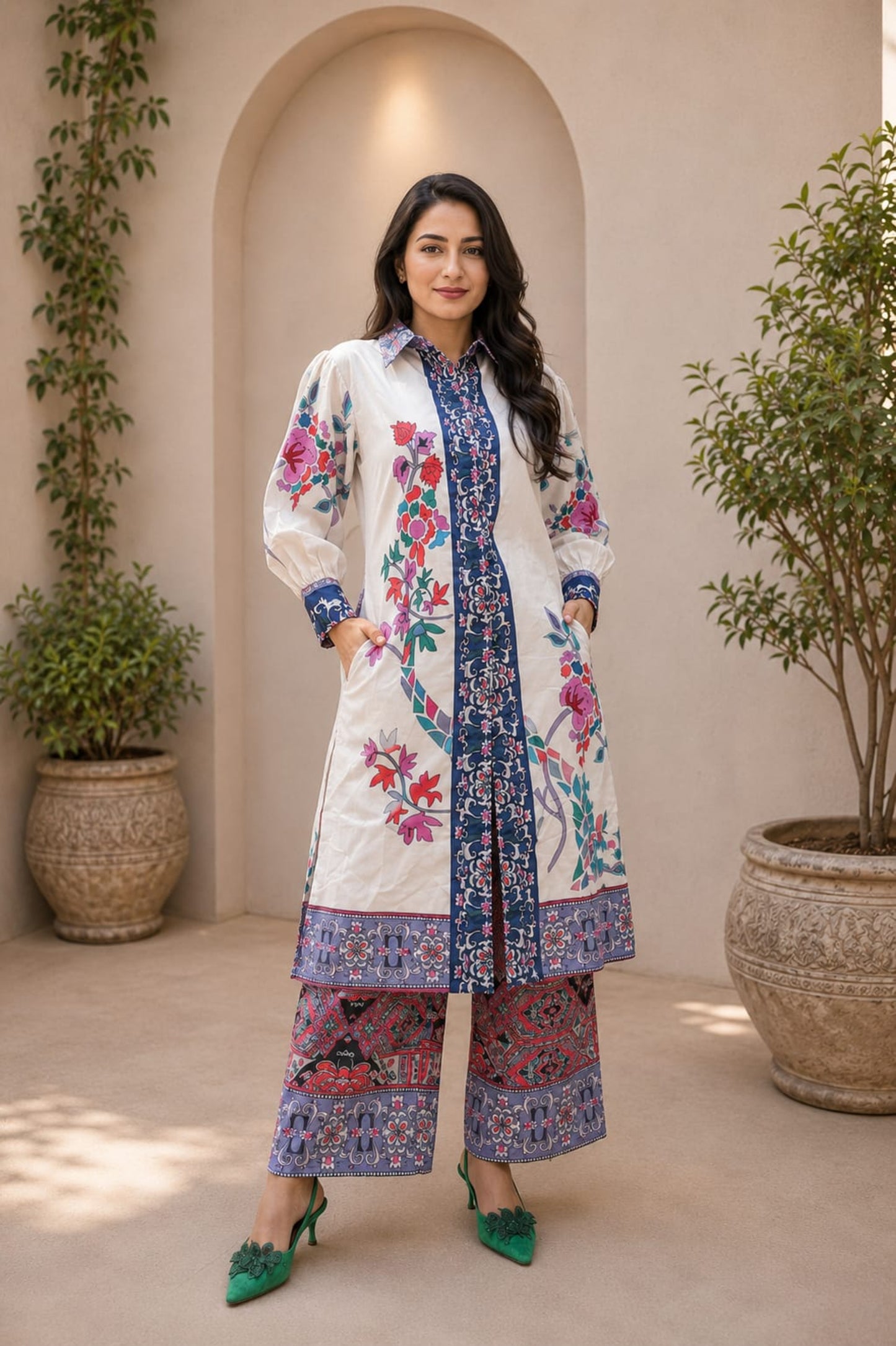 Cream Blue printed Cotton Shrug style Suit Set