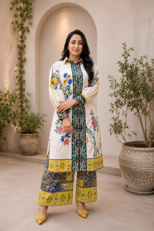 Cream Green Printed Cotton Shrug Style Suit Set