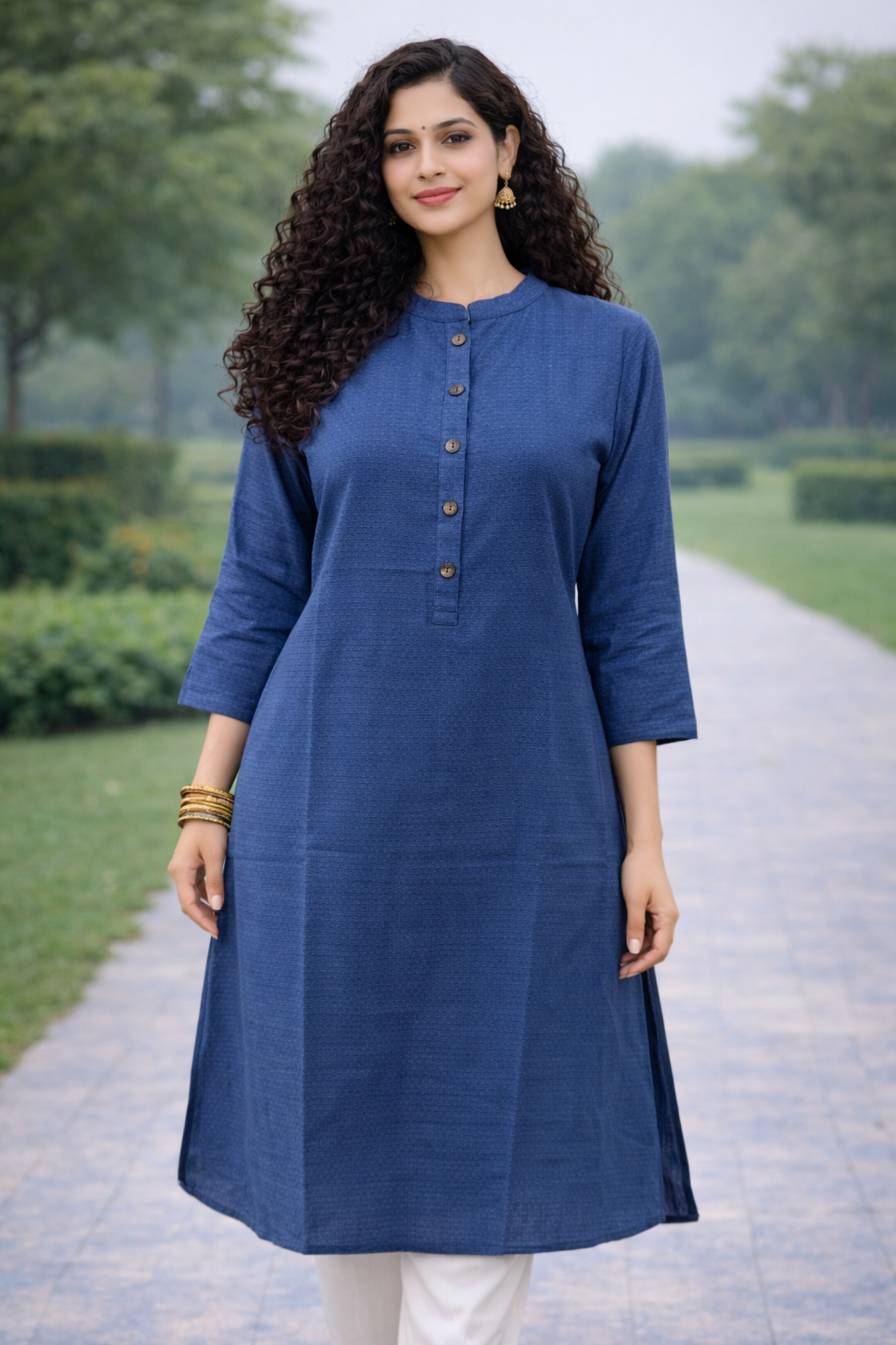 Denim Nehru Collar Pure Cotton Office Wear Straight Kurta Set