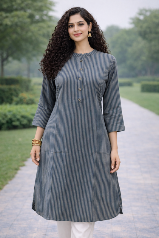 Grey Strips Pure Cotton office wear Straight Kurti Set