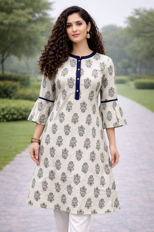 Green Piping printed pure cotton office wear straight Kurti Set