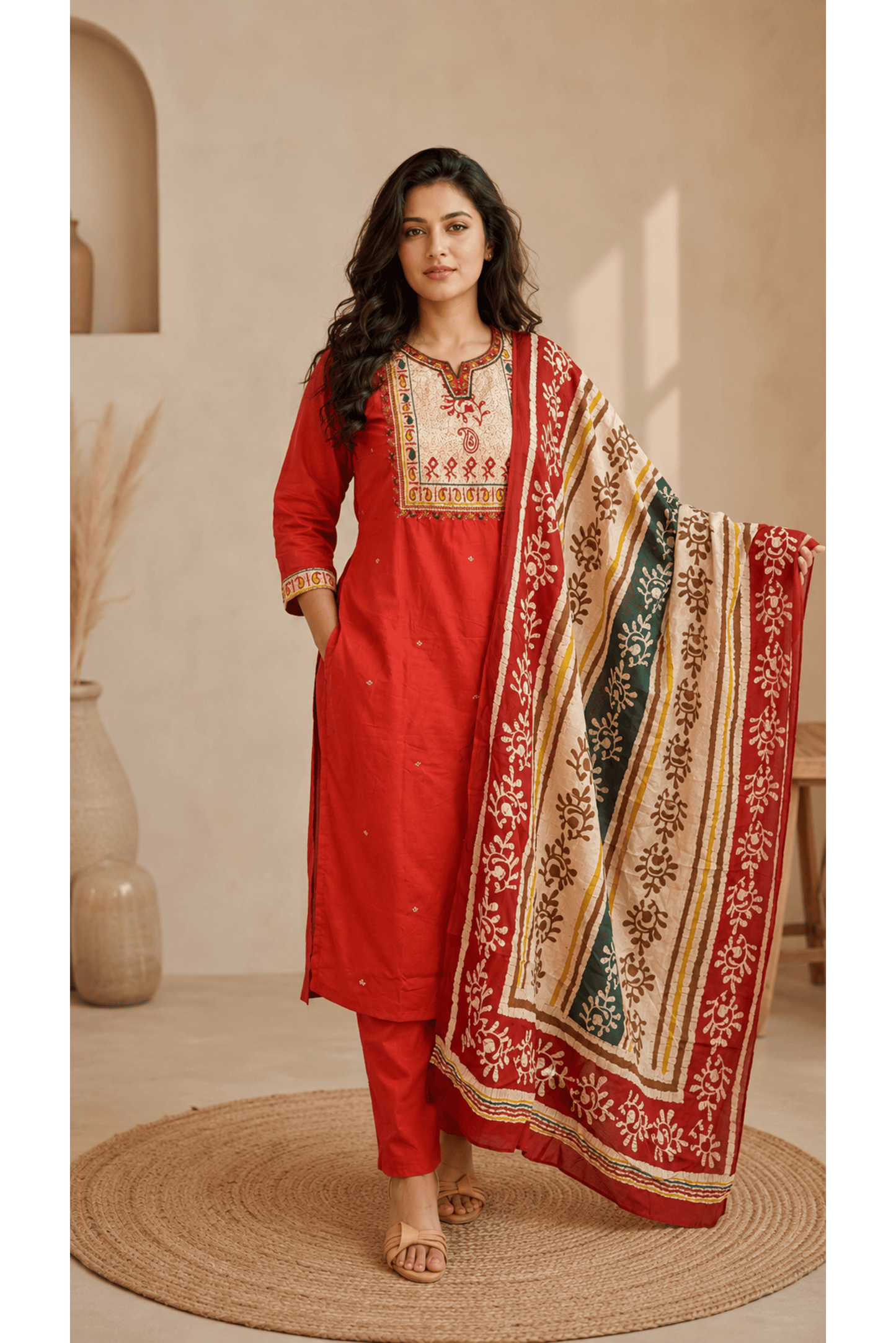 Rust Cotton Embroidered Suit Set With Mul Cotton Printed Dupatta