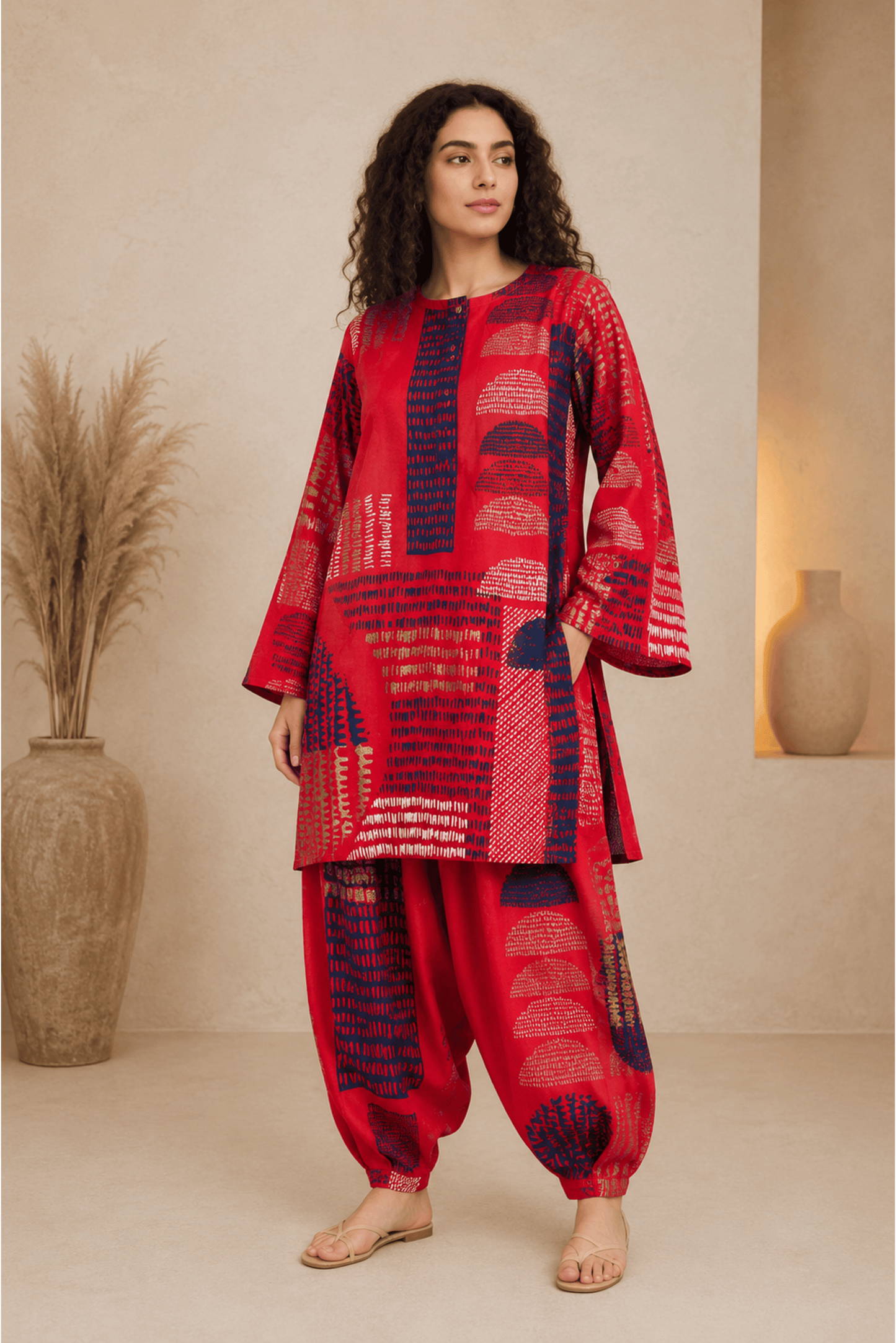 Red Printed Cotton Rayon Kurti with Bell Sleeves & Red Printed Cotton Rayon Balloon Pants