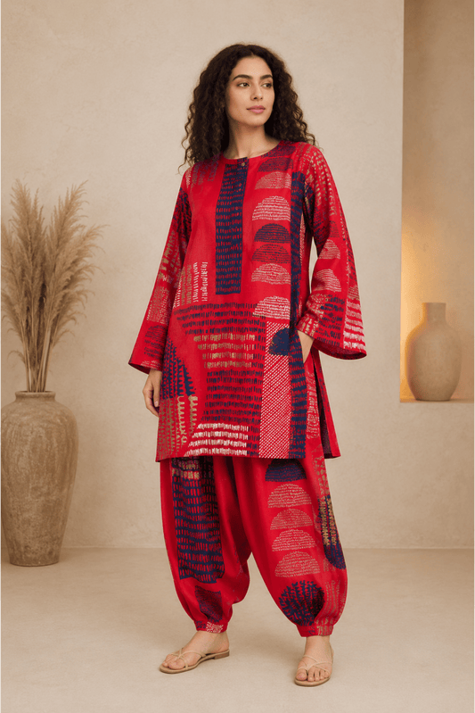 Red Printed Cotton Rayon Kurti with Bell Sleeves & Red Printed Cotton Rayon Balloon Pants