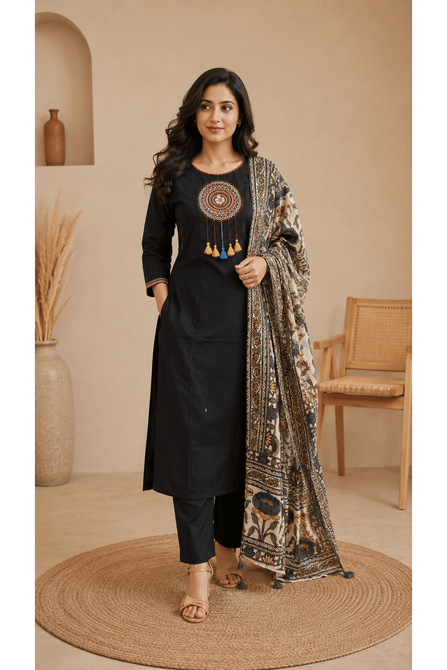 Black Cotton Embroidered Suit Set With Mul Cotton Dupatta