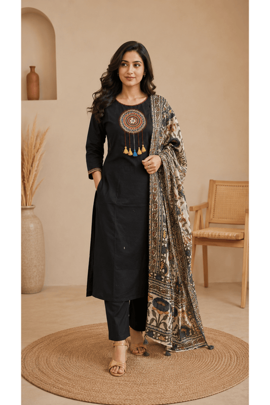 Black Cotton Embroidered Suit Set With Mul Cotton Dupatta