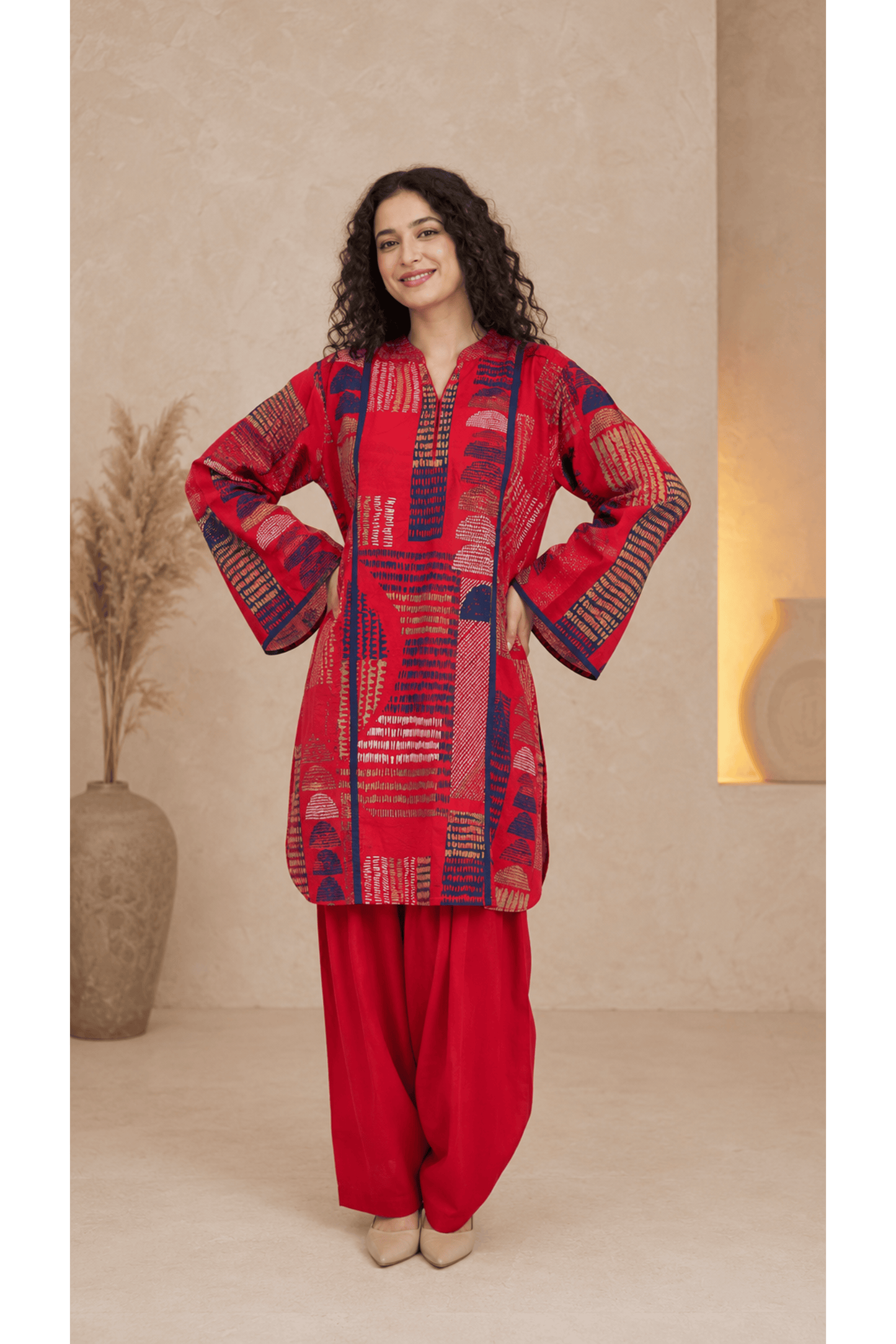 Red Printed Cotton Rayon Kurti with Bell Sleeves & Red Cotton Farshi Salwar