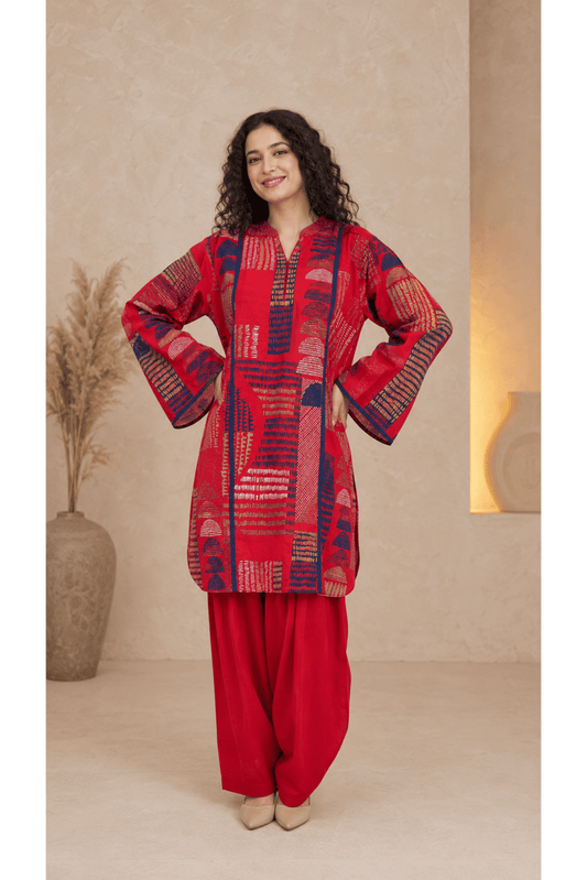 Red Printed Cotton Rayon Kurti with Bell Sleeves & Red Cotton Farshi Salwar