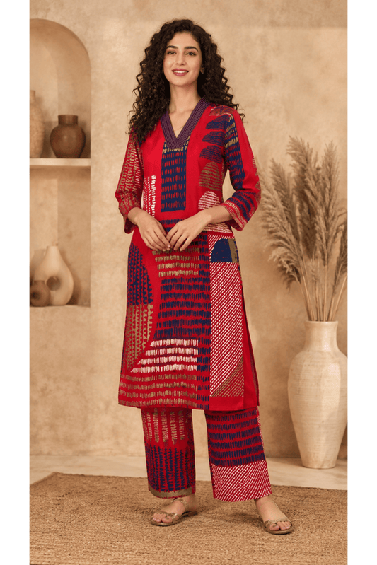 Red Printed Cotton Rayon Kurti & Red Printed Cotton Rayon Pants