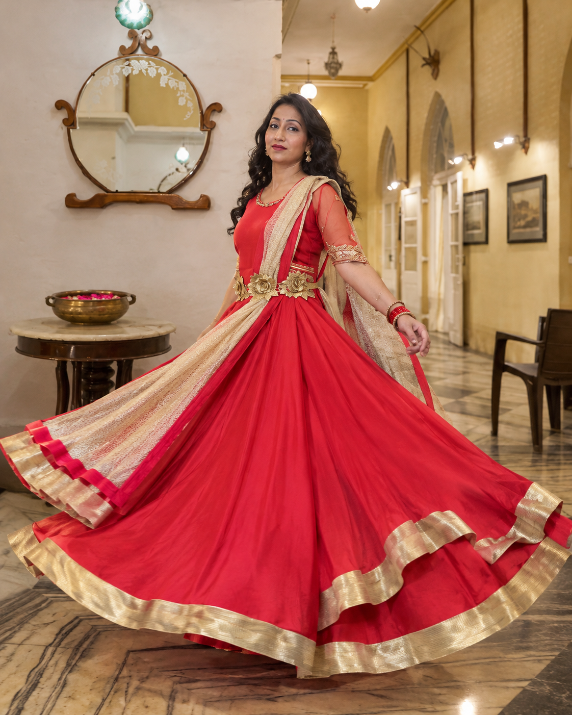 Red Viscose Organza Anarkali set  (Set of 2)