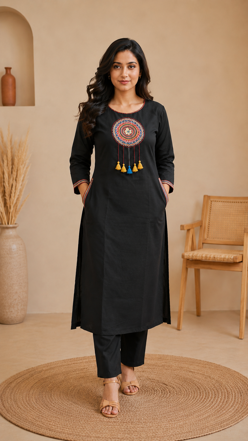 Black Cotton Embroidered Suit Set With Mul Cotton Dupatta