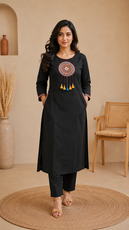 Black Cotton Embroidered Suit Set With Mul Cotton Dupatta