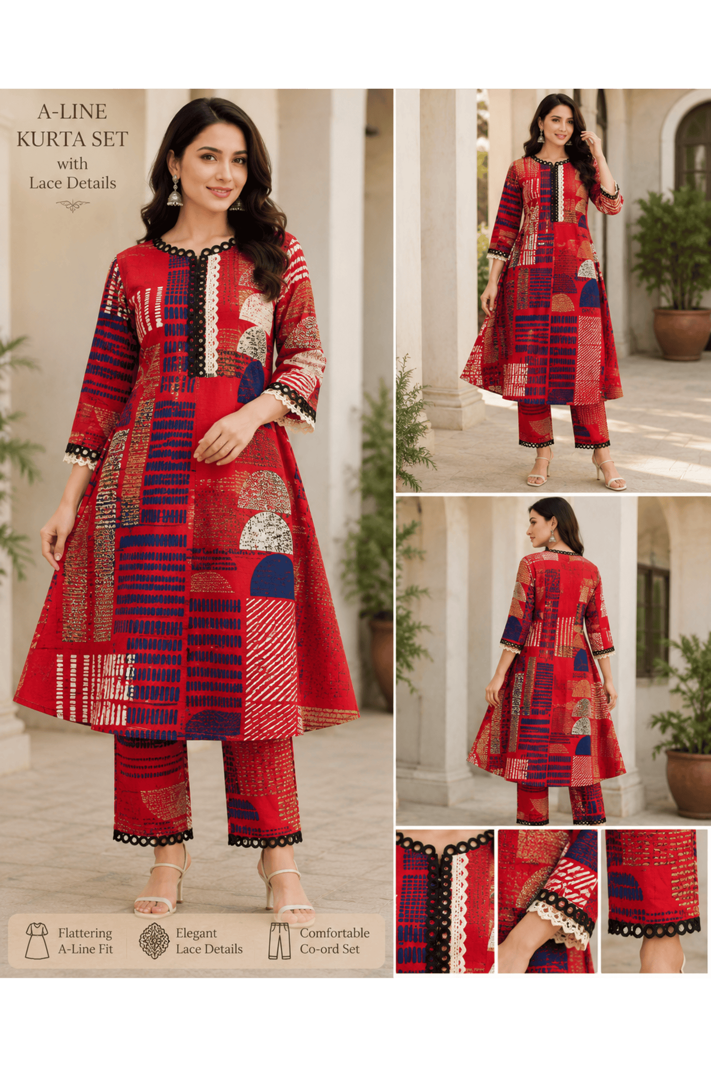 Red Printed Cotton Rayon A-Line Kurti &amp; Red Printed Cotton Rayon Pants