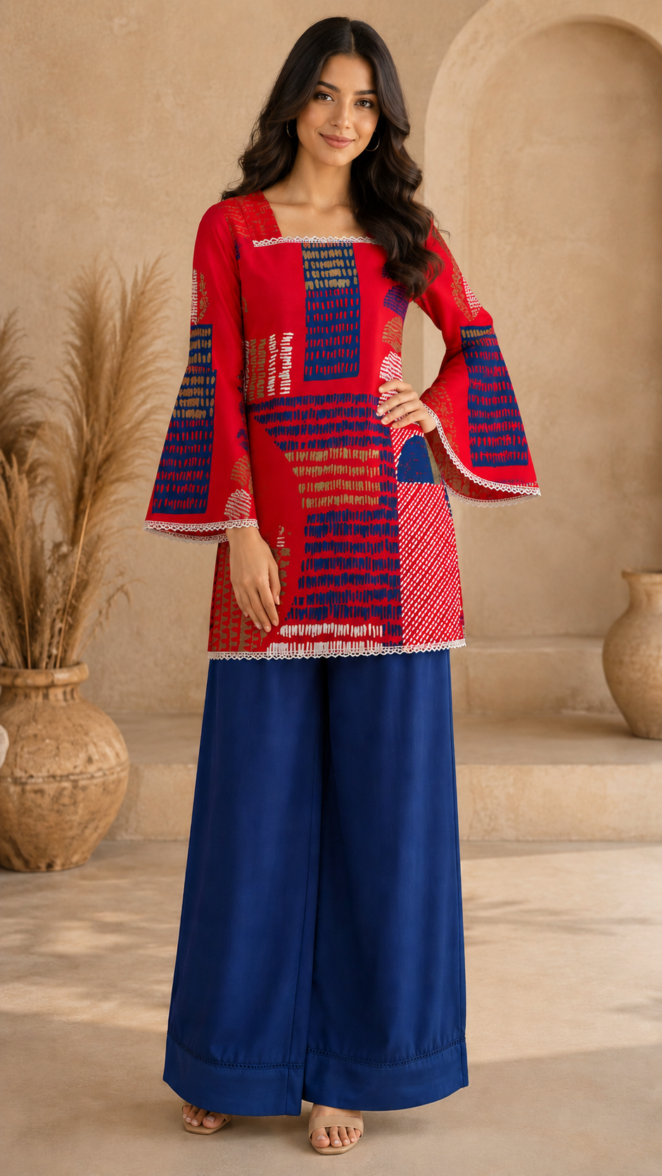 Red Printed Cotton Rayon Short Kurti with Bell Sleeves & Blue Cotton Palazzo