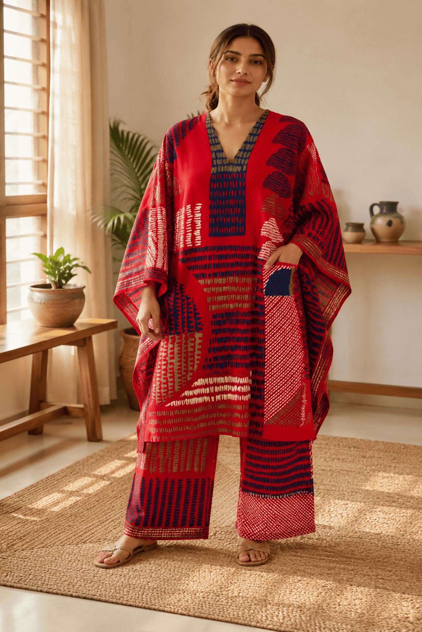 Red Printed Cotton Rayon Kaftaan & Red Printed Cotton Rayon Palazzo