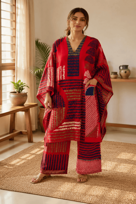 Red Printed Cotton Rayon Kaftaan & Red Printed Cotton Rayon Palazzo