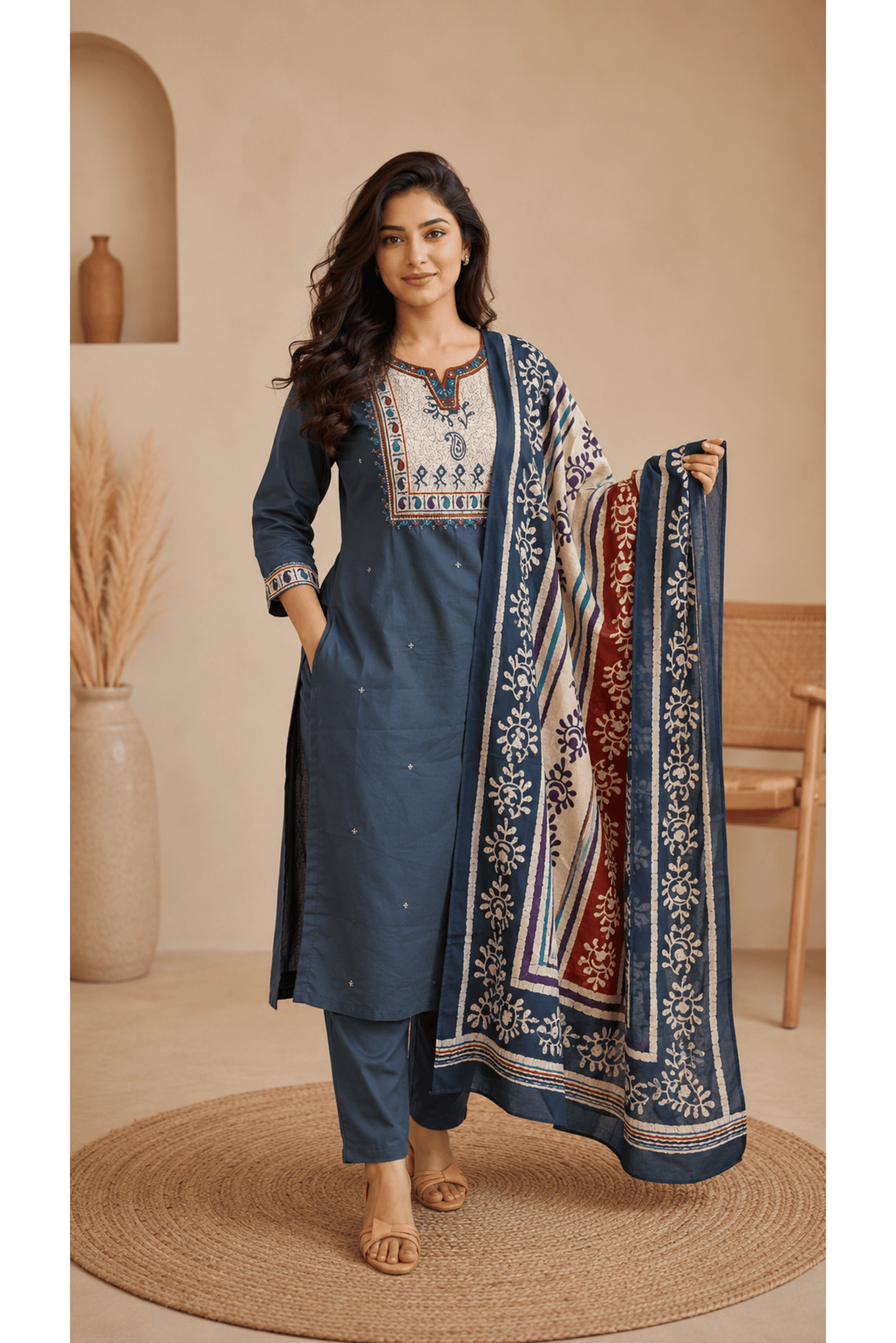 Grey Cotton Embroidered Suit Set With Mul Cotton Printed Dupatta
