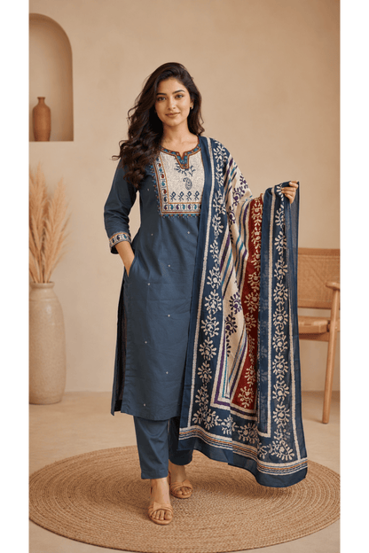 Grey Cotton Embroidered Suit Set With Mul Cotton Printed Dupatta (Set of 3)
