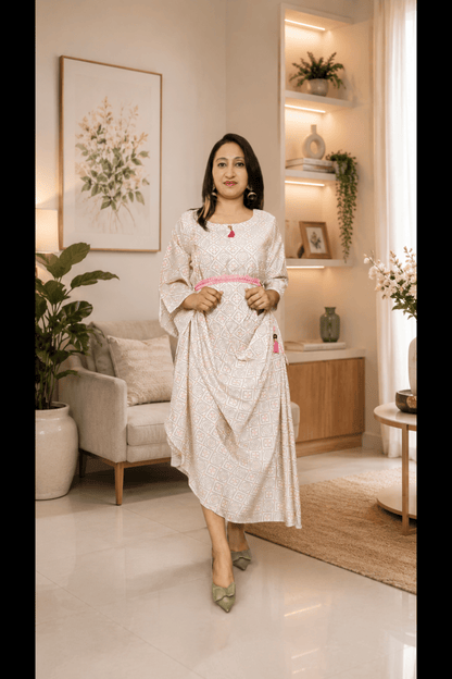 Cream Pink Bandhani Kaftan