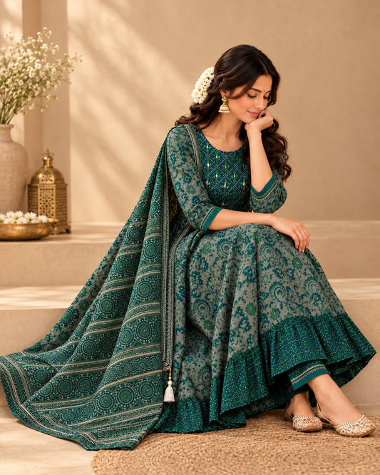 Bottle Green ( Set of 3 ) Anarkali Dress