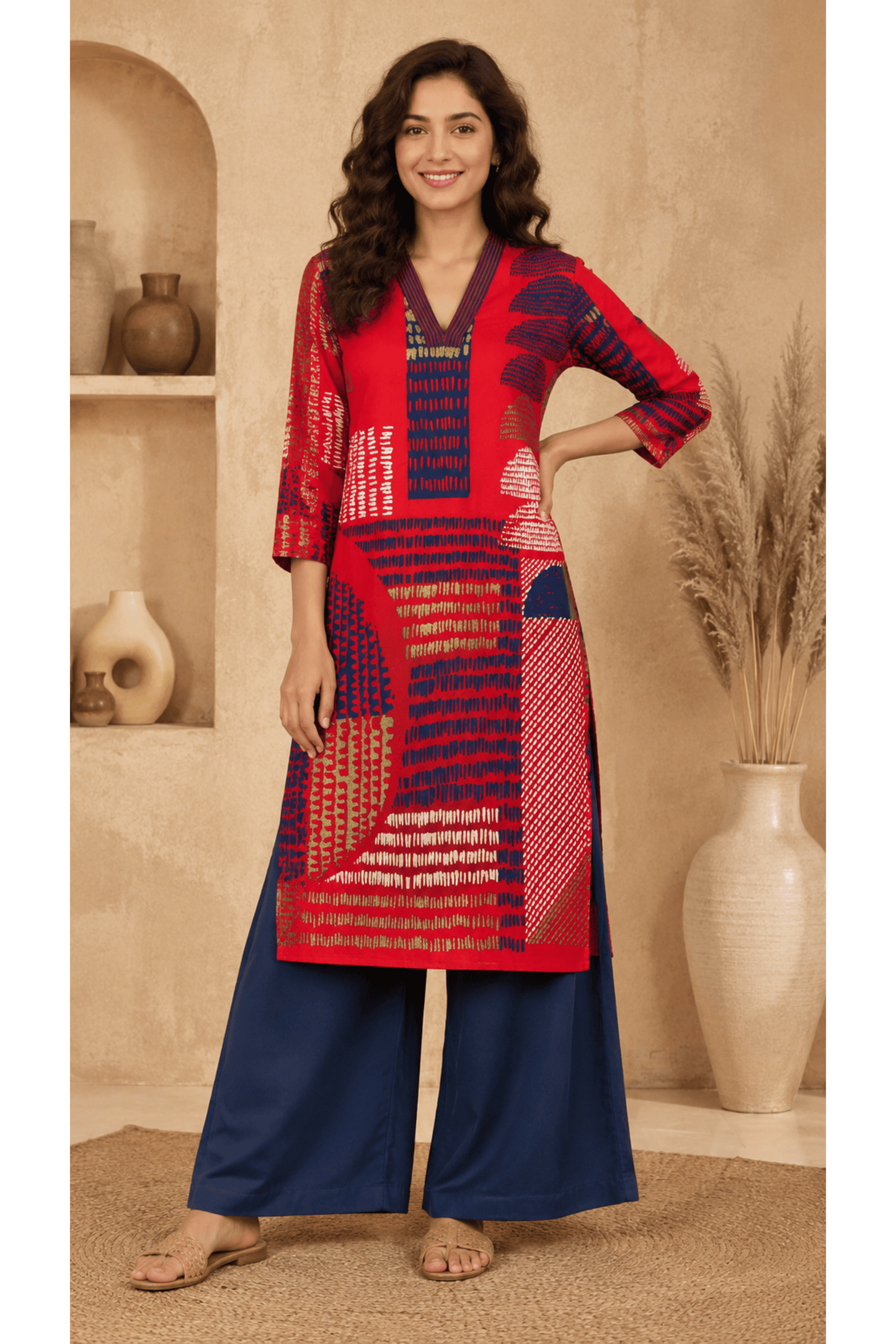 Red Printed Cotton Rayon Kurti  With Blue Cotton Palazzo