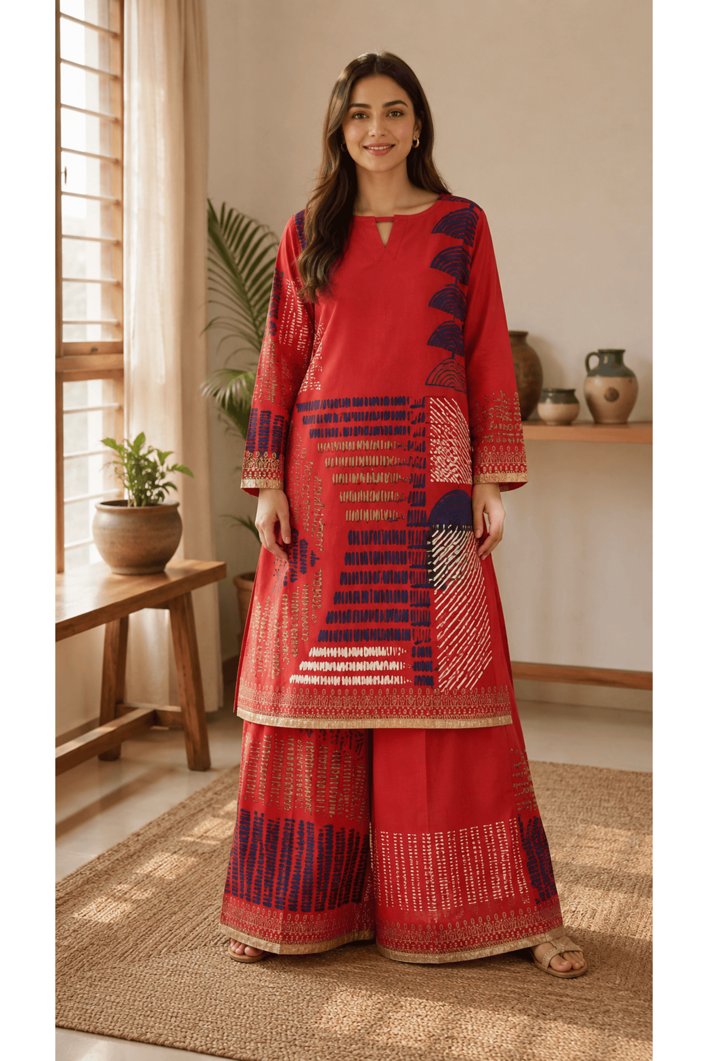Red Printed Cotton Rayon Short Kurti & Red Printed Cotton Rayon Wide-Leg Palazzo