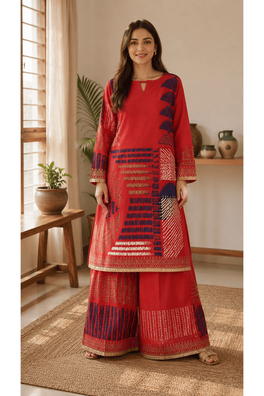 Red Printed Cotton Rayon Short Kurti & Red Printed Cotton Rayon Wide-Leg Palazzo