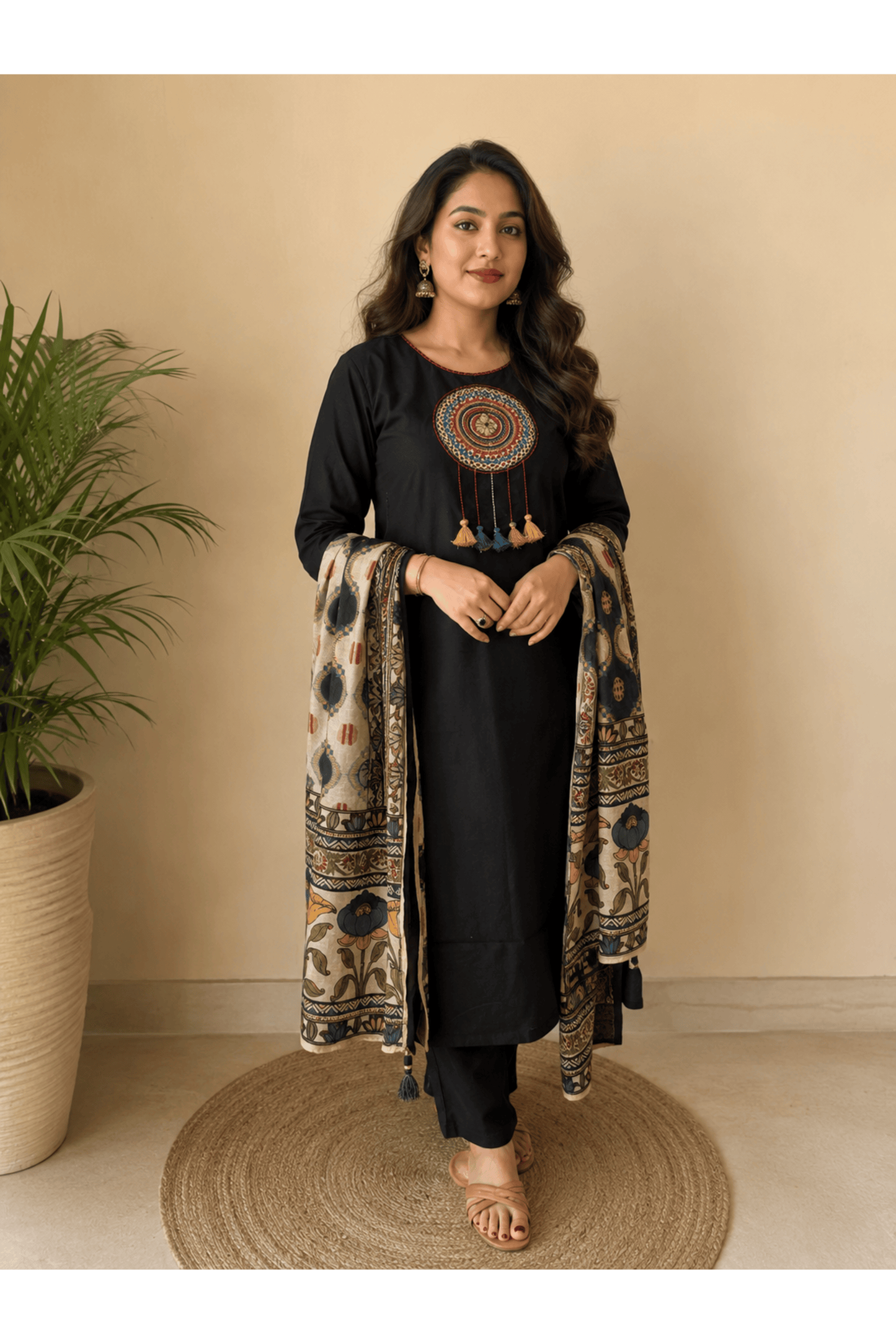 Black Cotton Embroidered Suit Set With Mul Cotton Dupatta