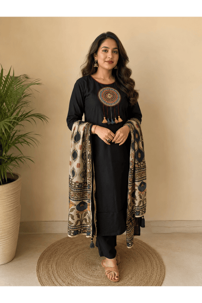 Black Cotton Embroidered Suit Set With Mul Cotton Dupatta