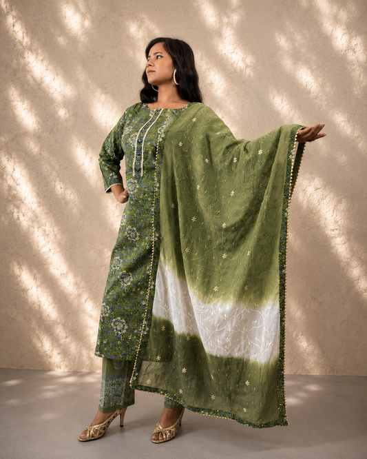 Forest Green Pure Cotton  Embroidered  Suit Set (set of 3)