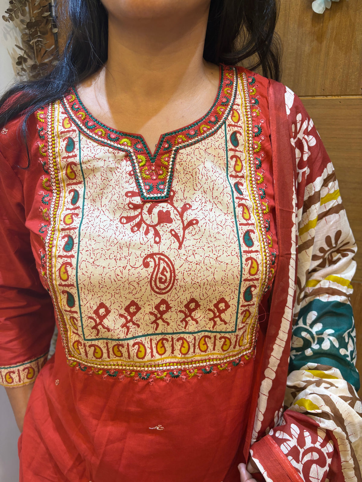 Rust Cotton Embroidered Suit Set With Mul Cotton Printed Dupatta