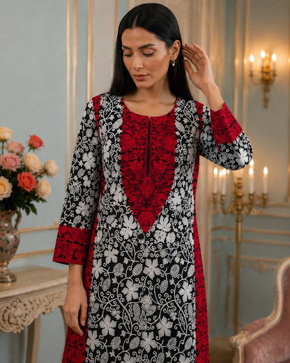 Gulzaar Black & Red kashmiri embroidery kurti