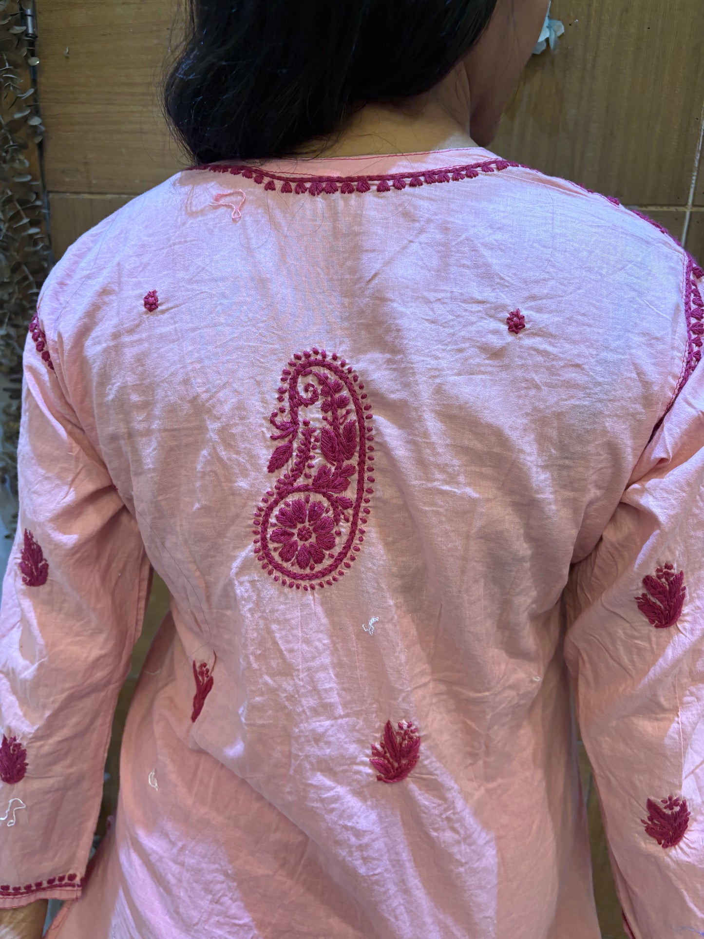 Baby Pink Parsi Work Straight Kurti
