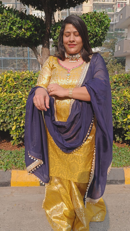 Mustard Yellow-Green Brocade Sharara Suit Set