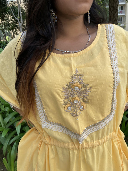 Yellow Cotton Hand Work Kaftan Set