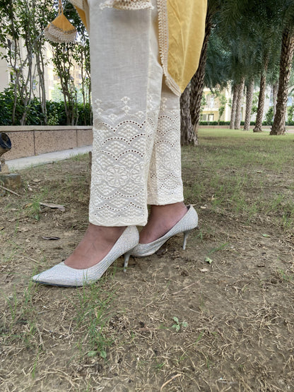 Yellow Cotton Hand Work Kaftan Set